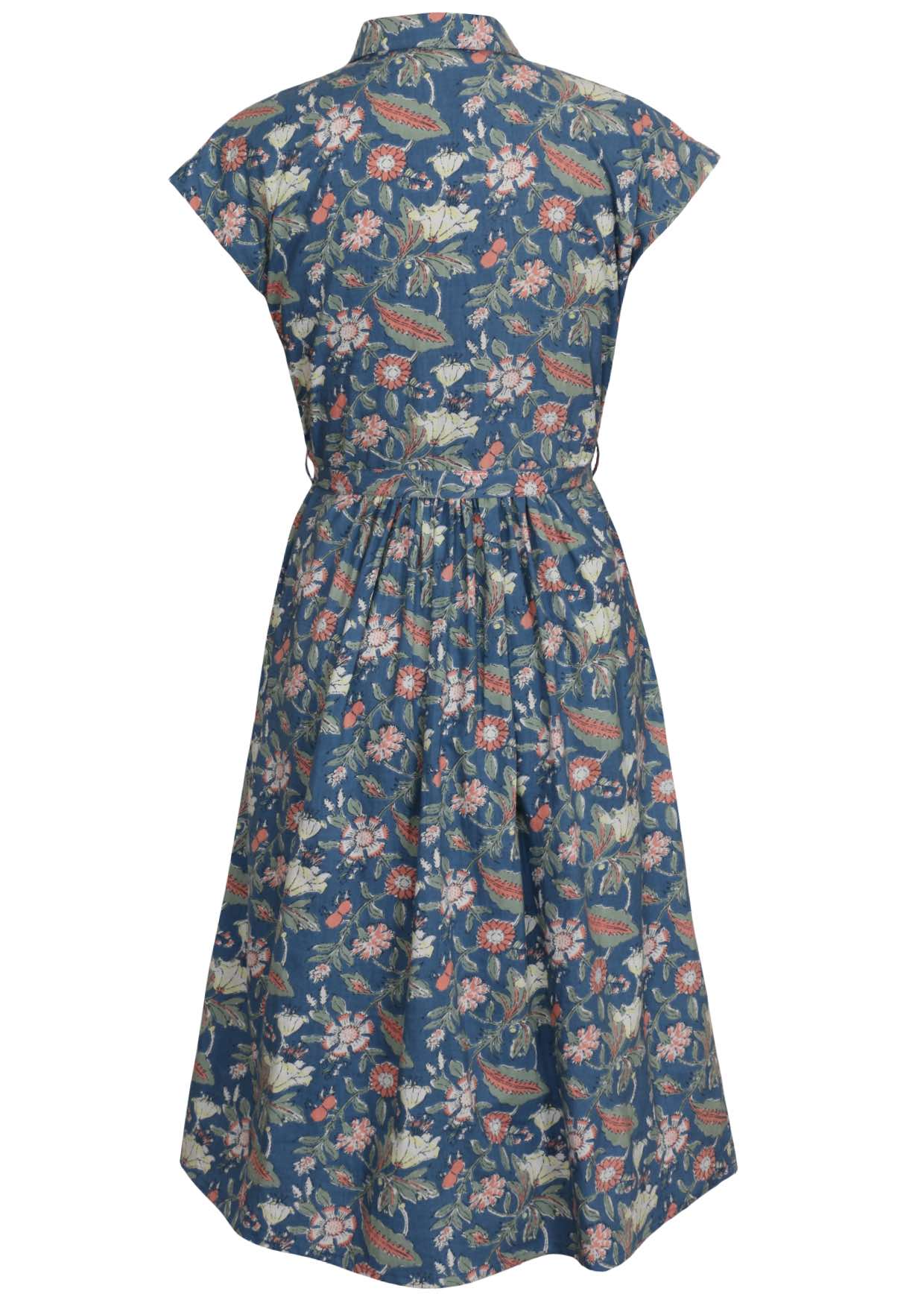 Back view of blue midi length cotton dress with cap sleeves, small gathers in the centre back and waist tie