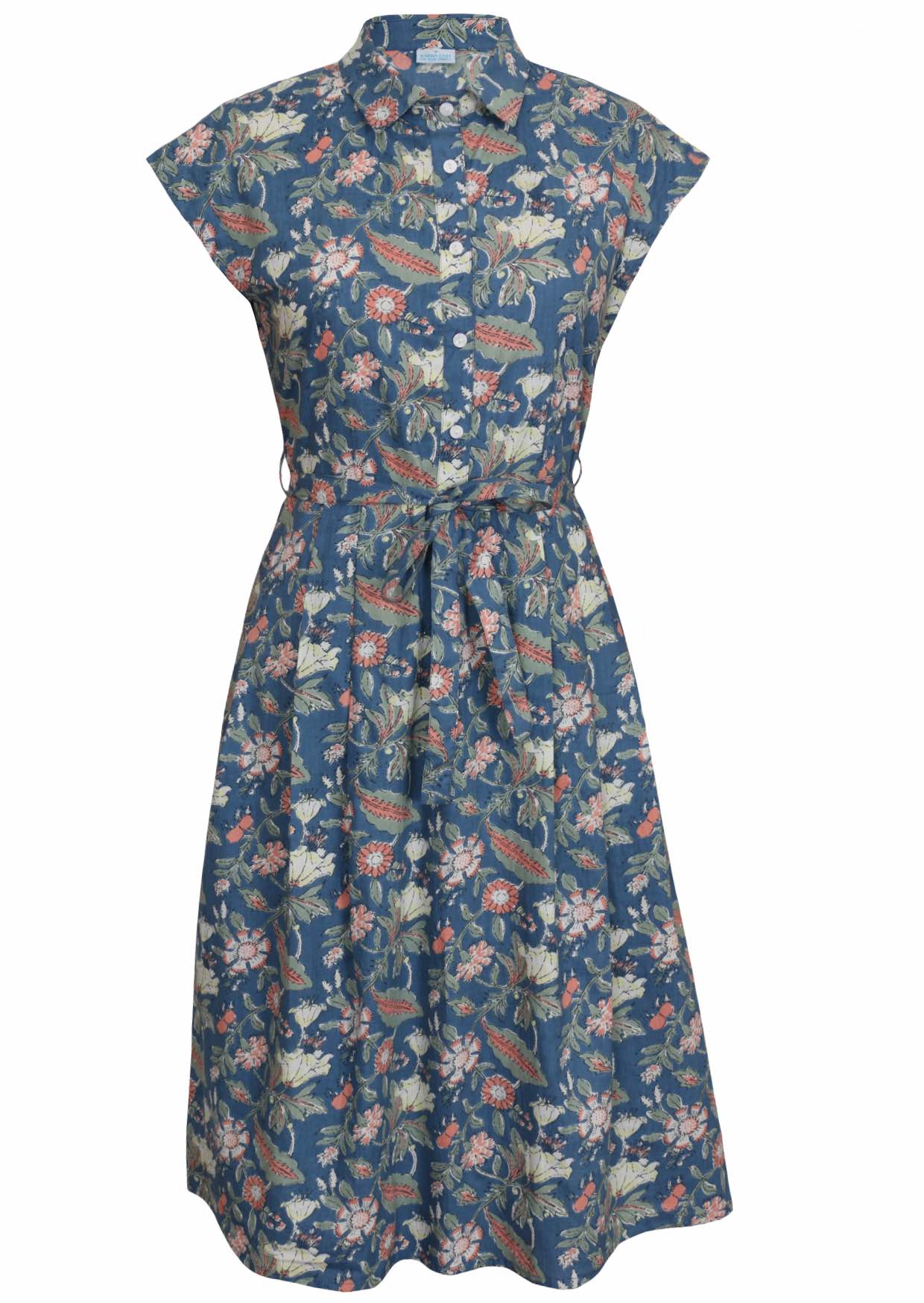 100% cotton midi length dusty blue based floral dress with collar, cap sleeves, buttoned bodice and a fabric waist tie