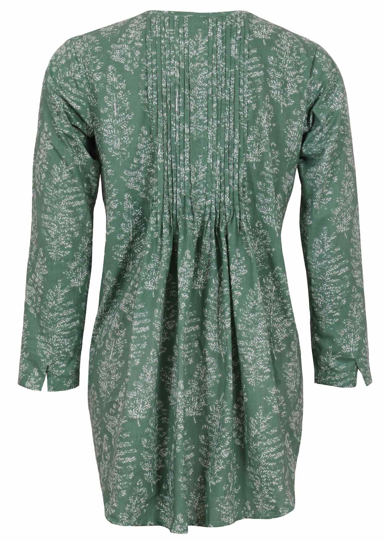 Sage green based floral print cotton button through shirt with long sleeves, and pin tucks across the bodice, front and back