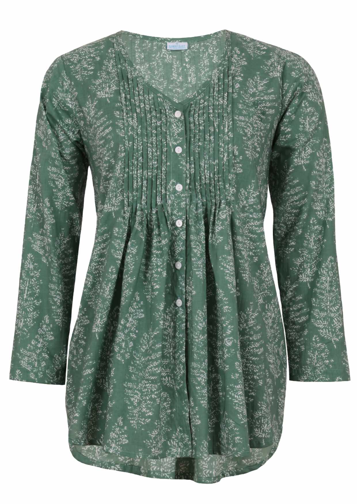 Sage green based floral print cotton button through shirt with pin tucks across the bodice and a V-neckline