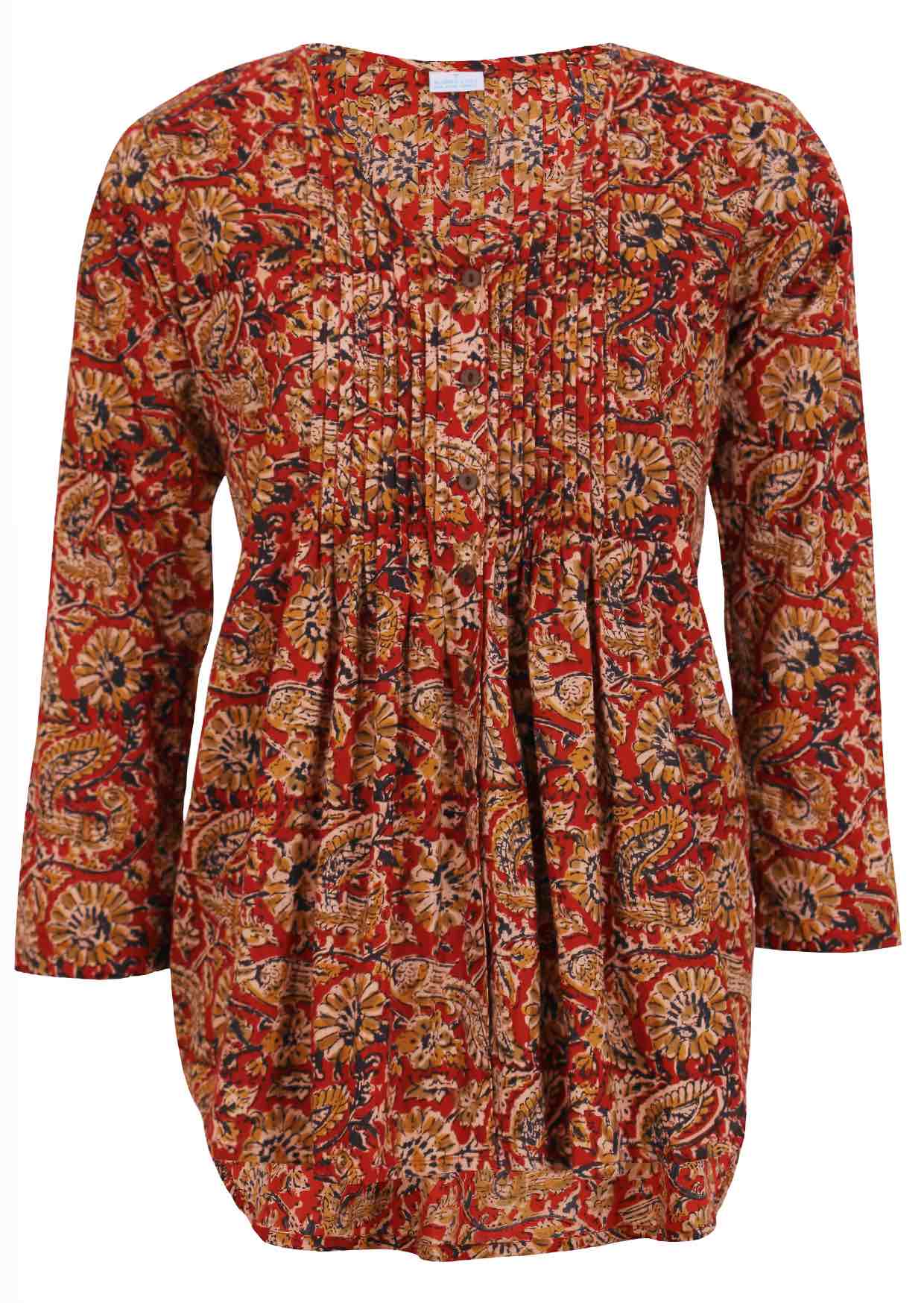 Lightweight Cotton long sleeve button through top with small pin tucks across chest.