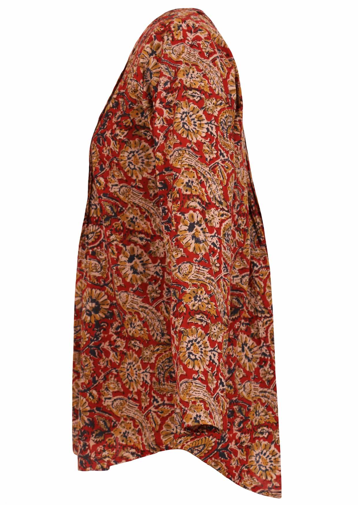 100% cotton top with long sleeves and pin tucks across the bodice that lead to A Line flare