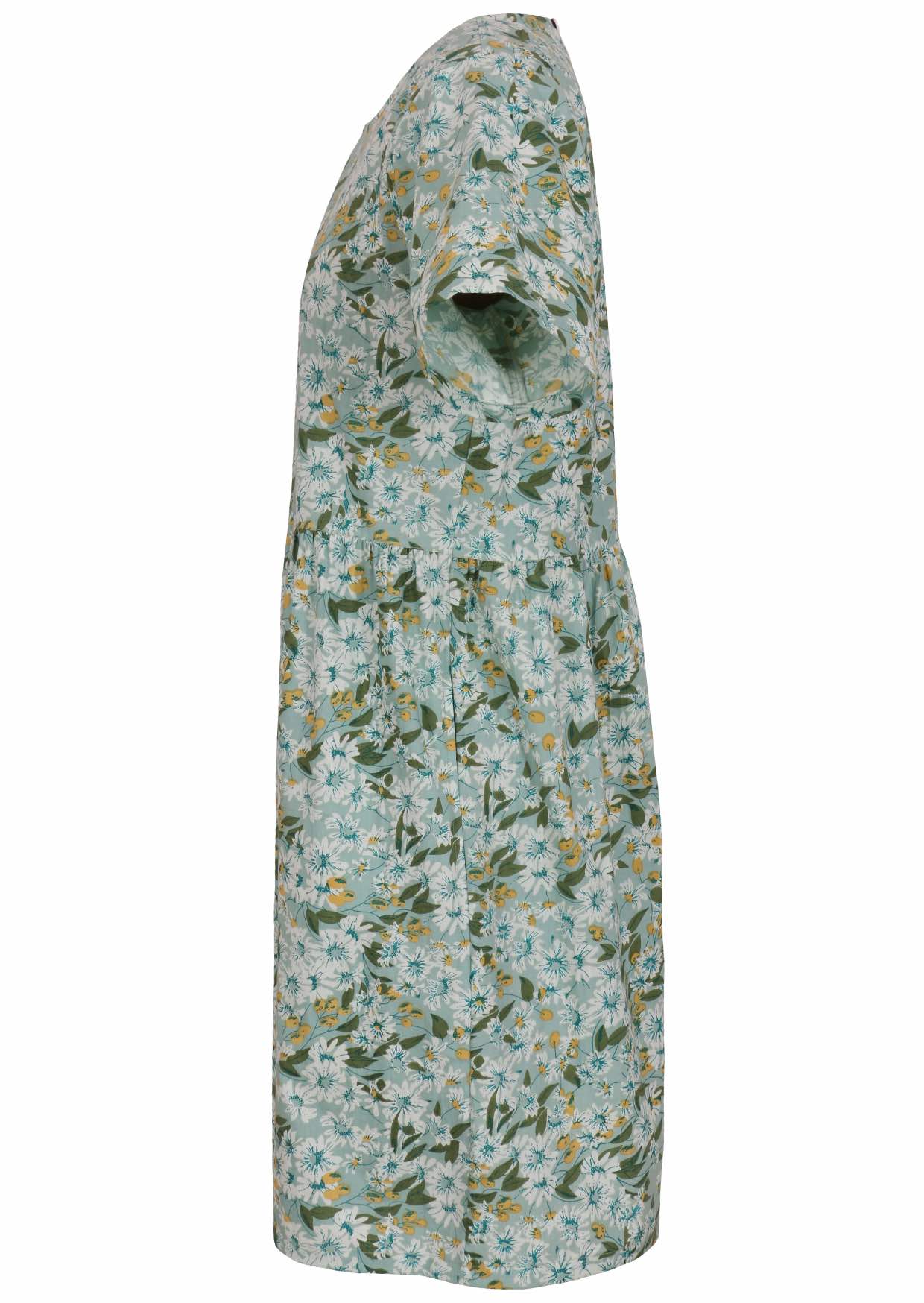 Side view of loose fitting cotton dress in sage green with short sleeves and hidden side pockets