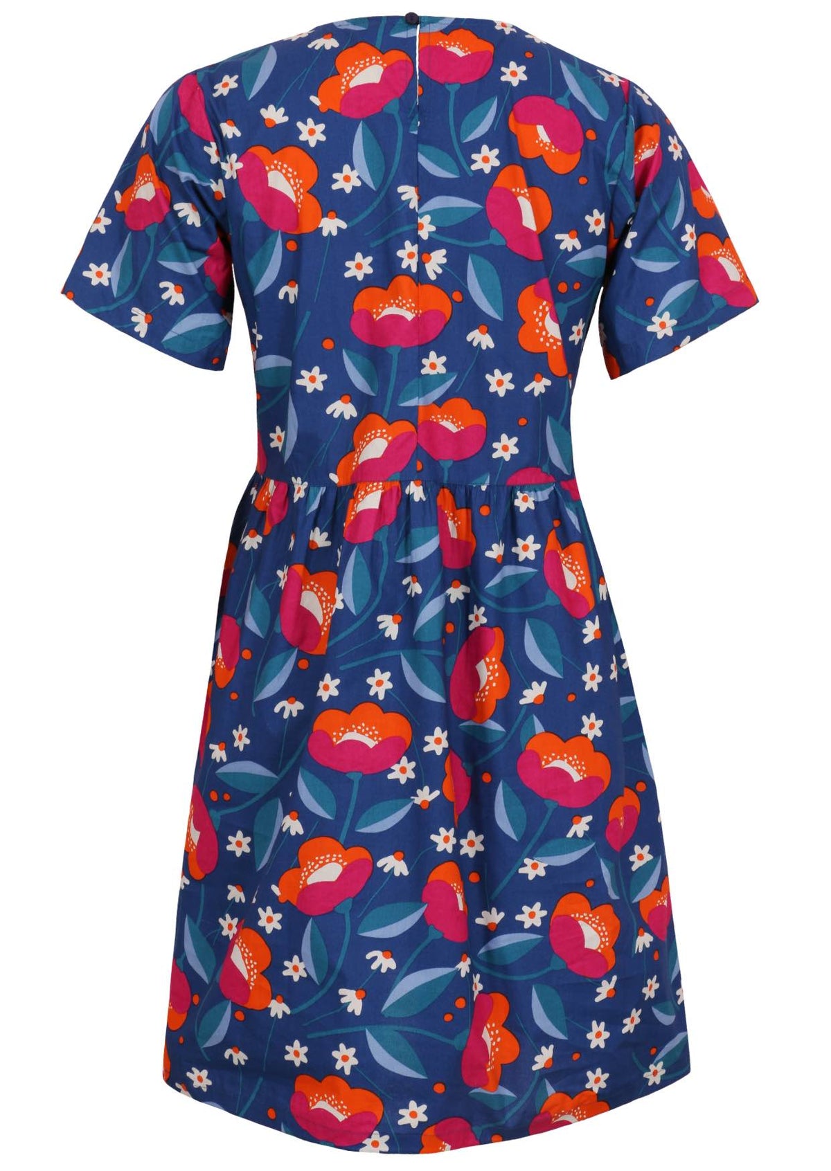 Back view of above knee length cotton dress with short sleeves and button at nape of the neck in royal blue based lovely floral print