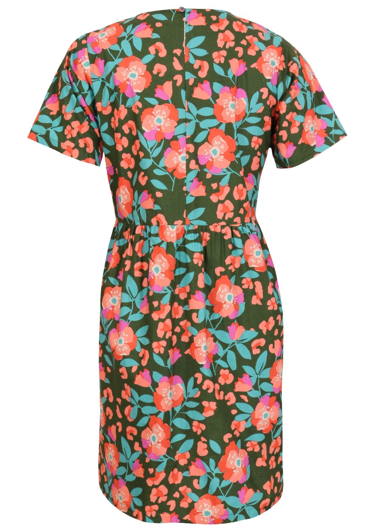 Back view of above knee length cotton dress with short sleeves and button at nape of the neck in olive green based lovely floral print