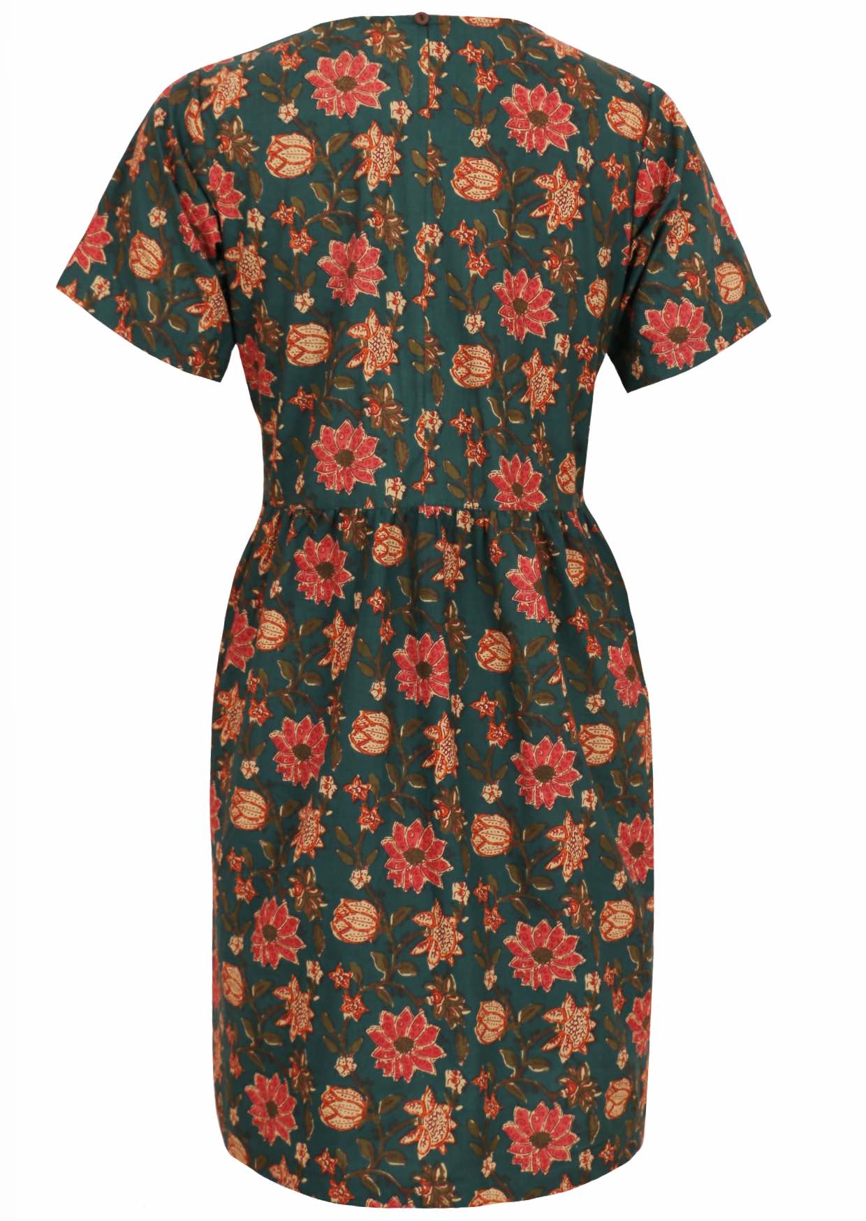 Back image of relaxed fit short cotton dress in deep green with button closure back.