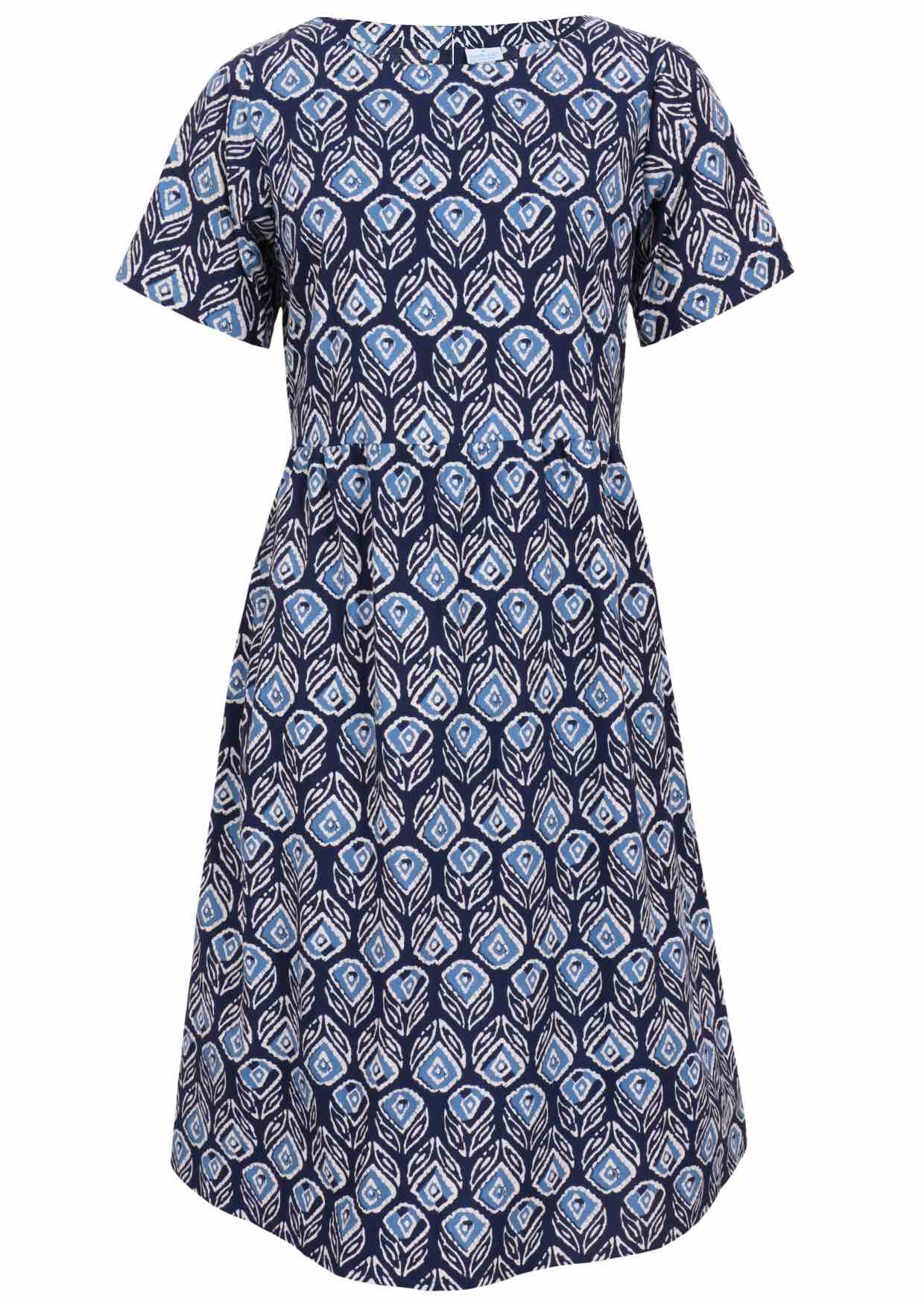 Front mannequin photo of cotton dress with short sleeves in navy based floral print