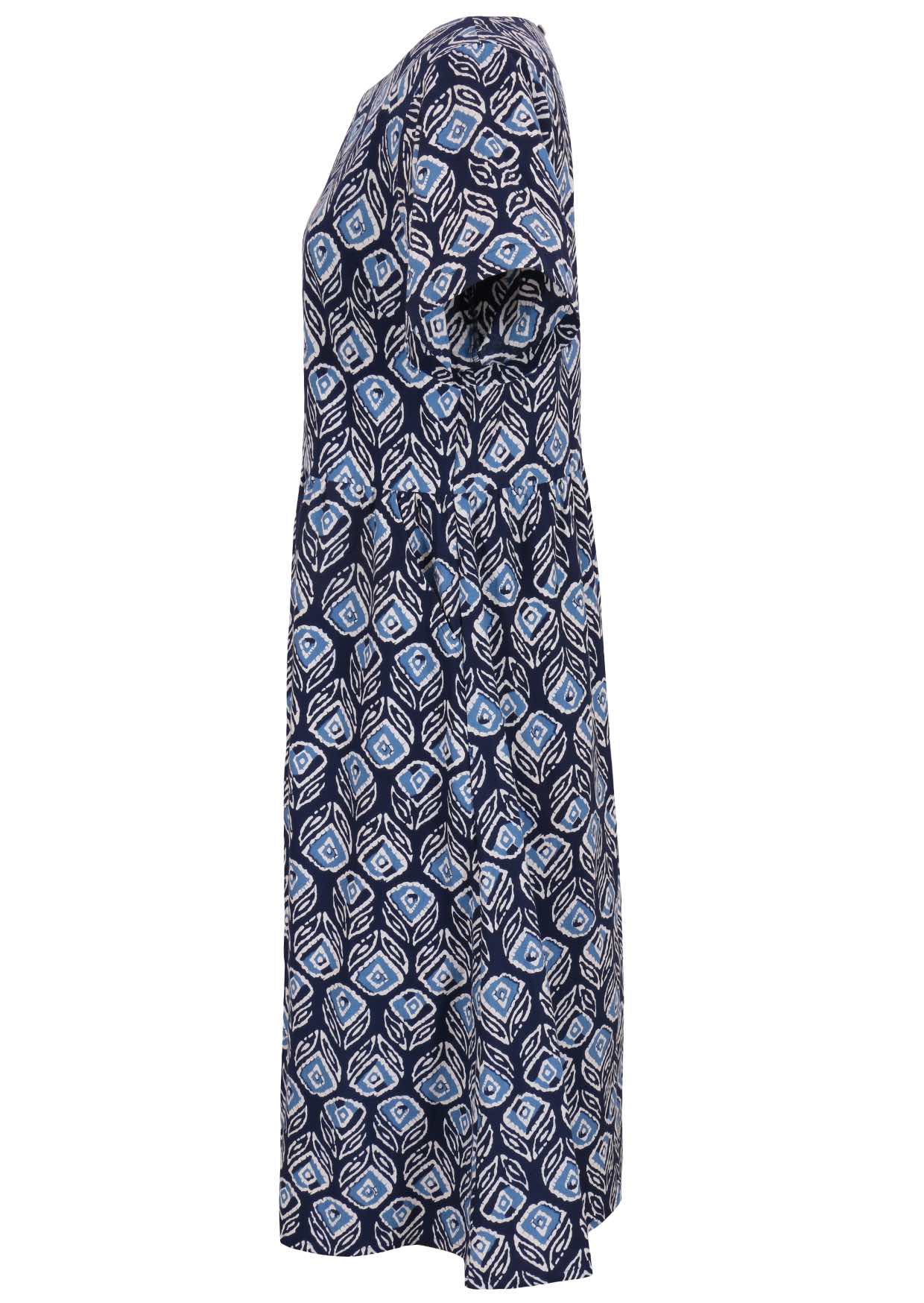 Side mannequin photo of cotton dress with hidden side pockets with navy based floral print