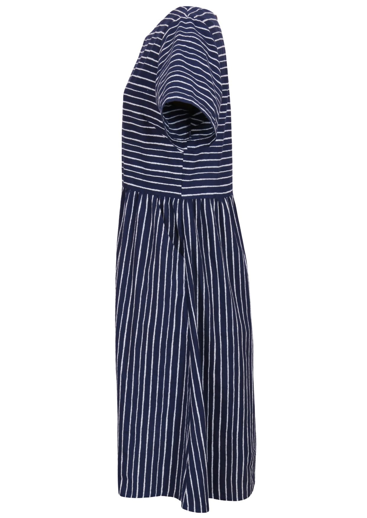 Side mannequin photo of cotton dress with hidden side pockets with navy based white striped print