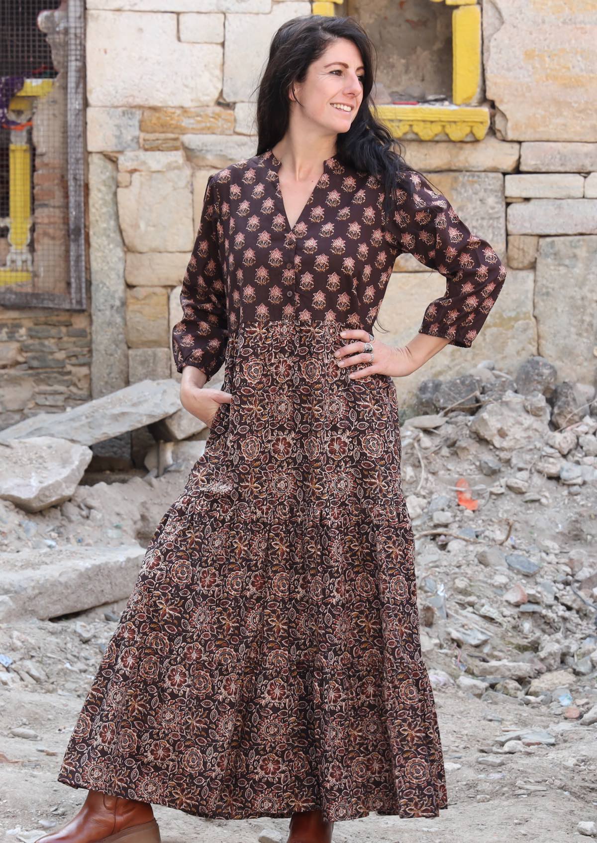 Model posing in a beautiful floral printed  cotton dress with 3/4 sleeves, mandarin collar and pockets.