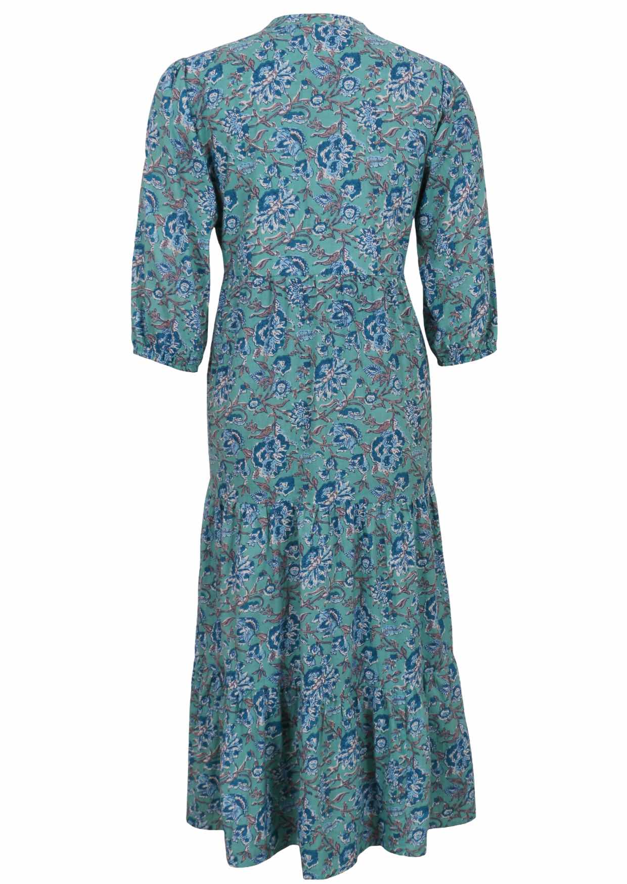 Cotton floral printed light blue maxi dress with tiers, pockets and mandarin collar.