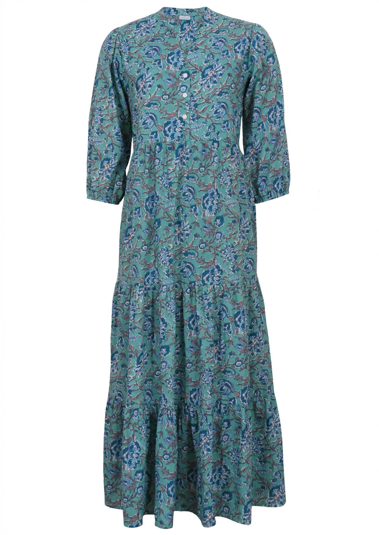 Cotton three tiered maxi dress with 3/4 sleeves and buttoned bodice in aqua blue based indian floral print.
