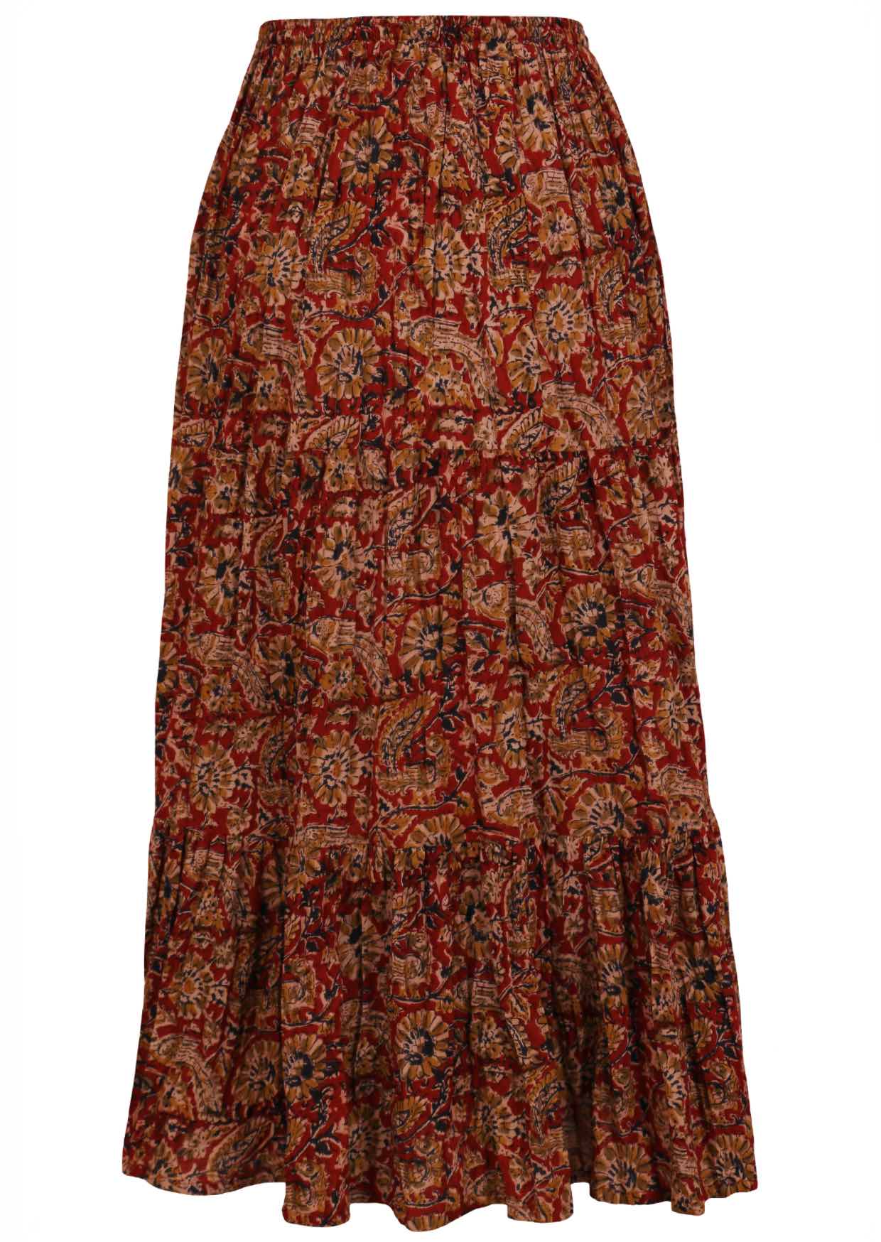 Back image of cotton three tiered maxi skirt in earthy, indian floral print.