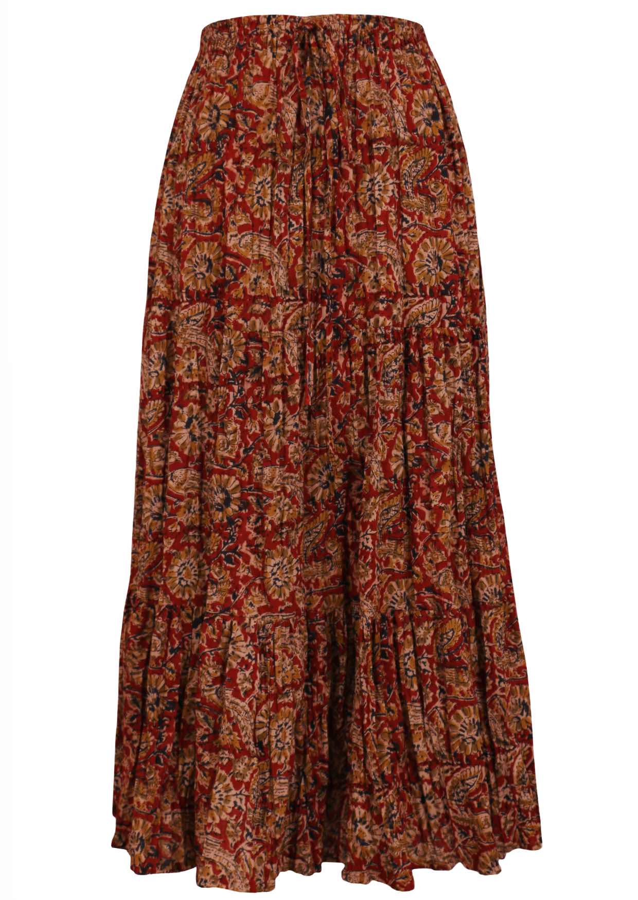 Cotton tiered maxi skirt with elastic waistband and drawstring, in earthy floral print on rust base.