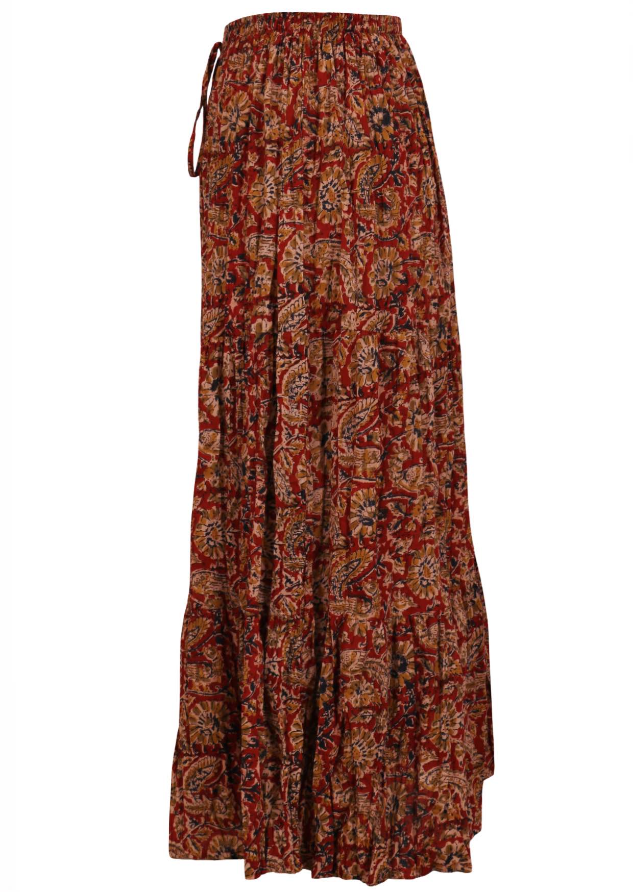 100% cotton flowy maxi skirt with elastic waistband and shoestring ties.