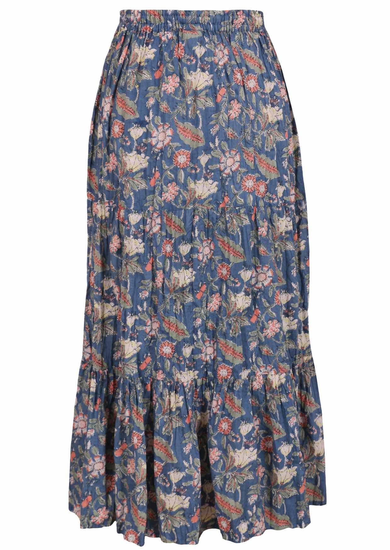 Lightweight cotton three tiered crinkled maxi skirt with elastic waist in dusty blue based floral print