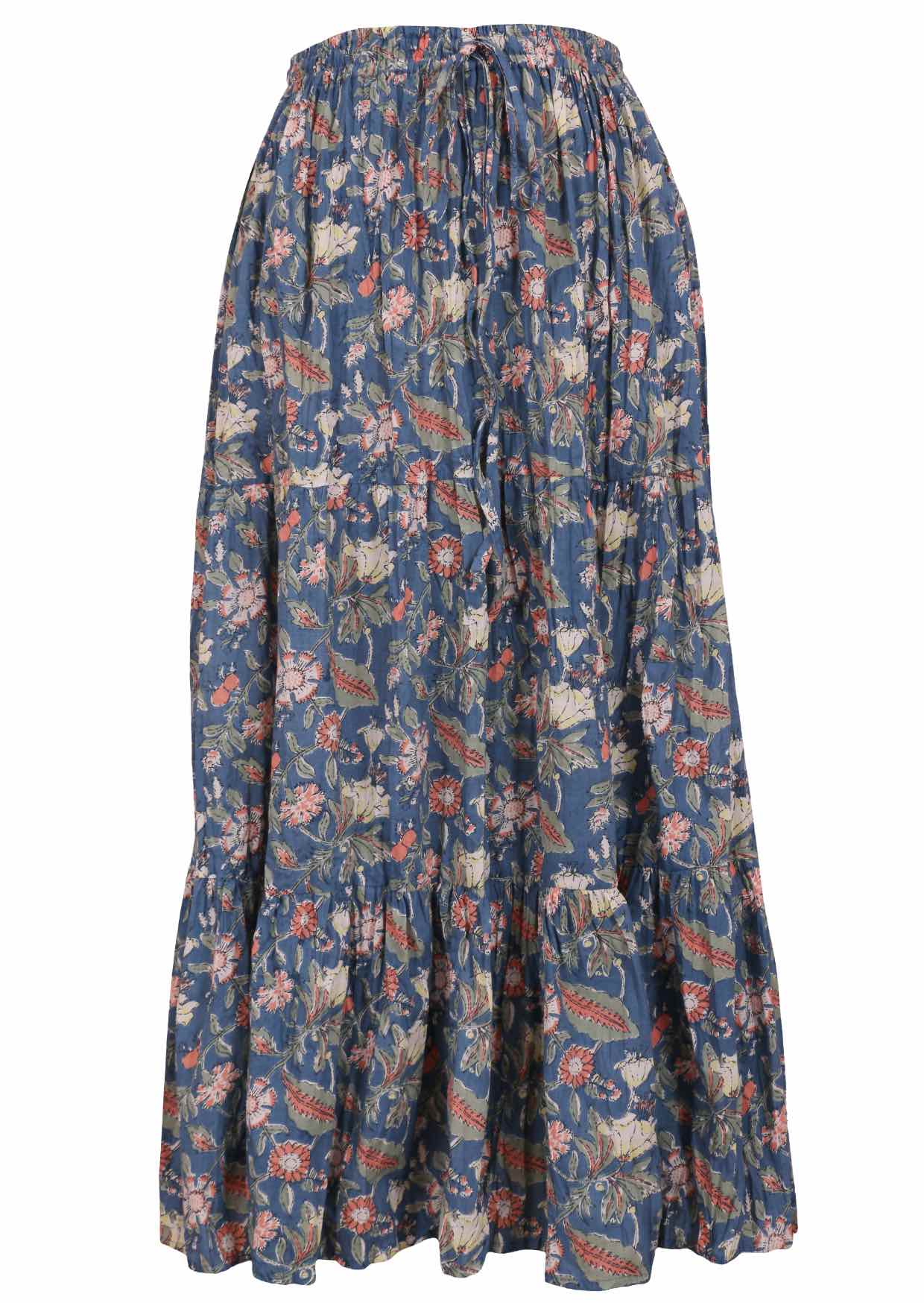 100% cotton three tiered flowy maxi skirt with elastic waist and drawstring in dusty blue based sweet floral print