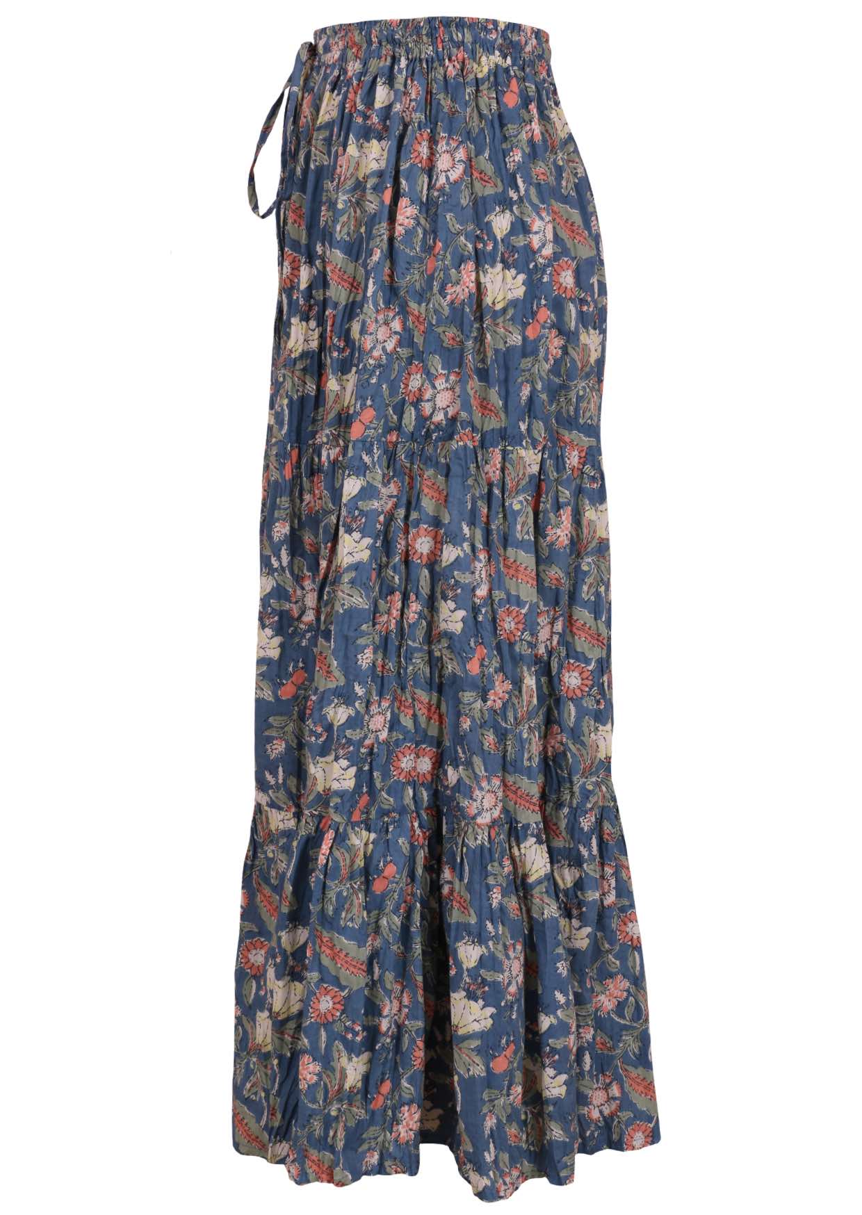 Dusty blue floral cotton maxi skirt with elasticated waist and drawstring