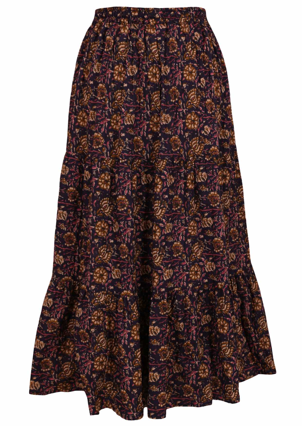 Three tiered cotton maxi skirt with elastic waist in dark purple based floral print.