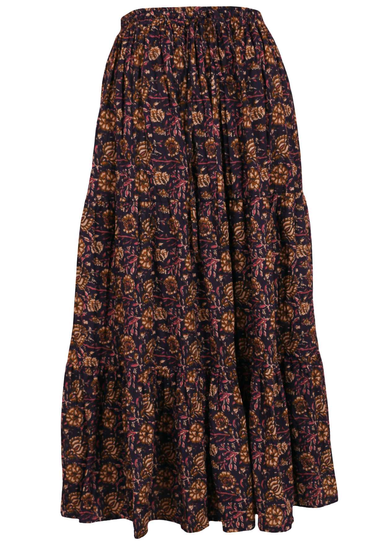 100% cotton maxi skirt in dark purple based floral print with elastic waist and drawstring.