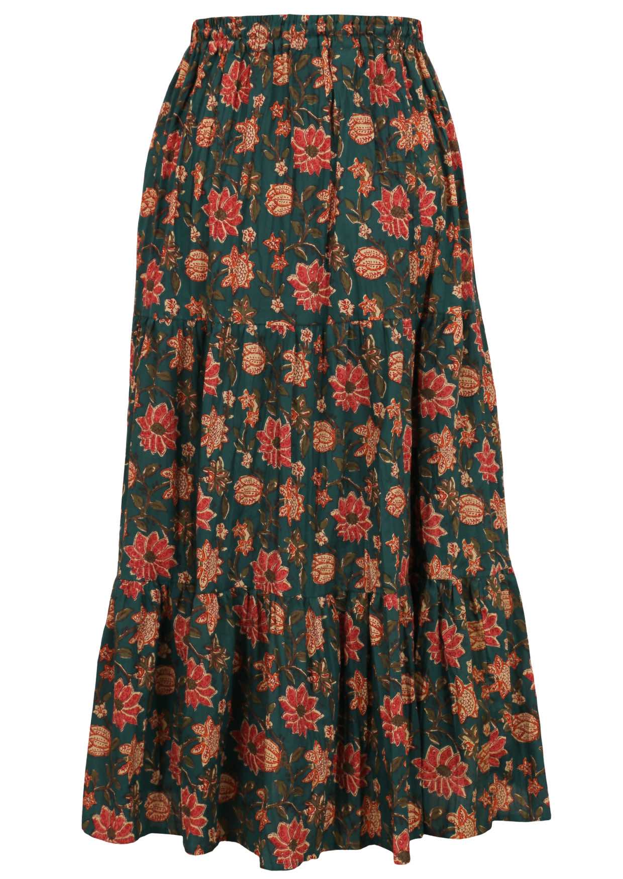 3 tiered flowy maxi skirt in floral design with elasticated waist and drawstring.