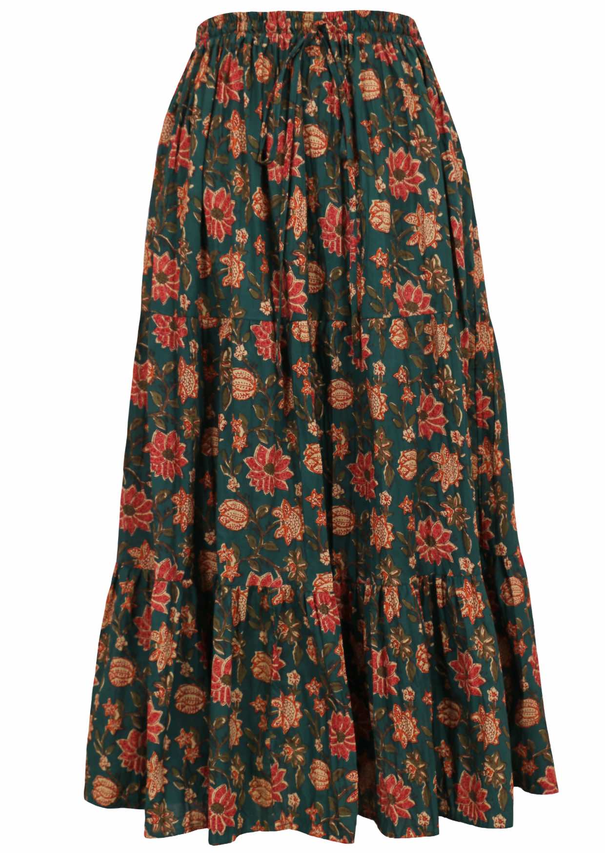 Cotton three tiered maxi skirt with elastic waist and drawstring in green based floral print.