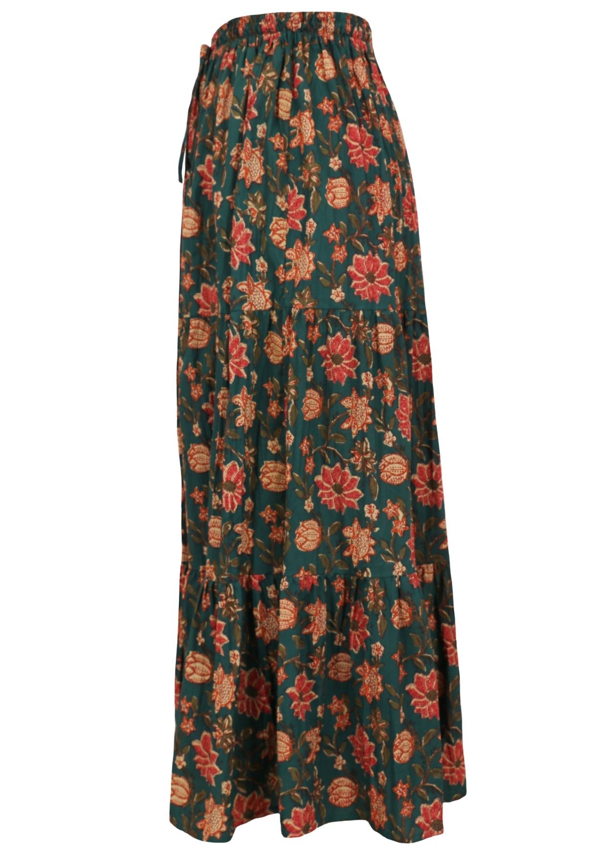 100% cotton lightweight maxi skirt with elasticated waist in bright floral print on deep green base.