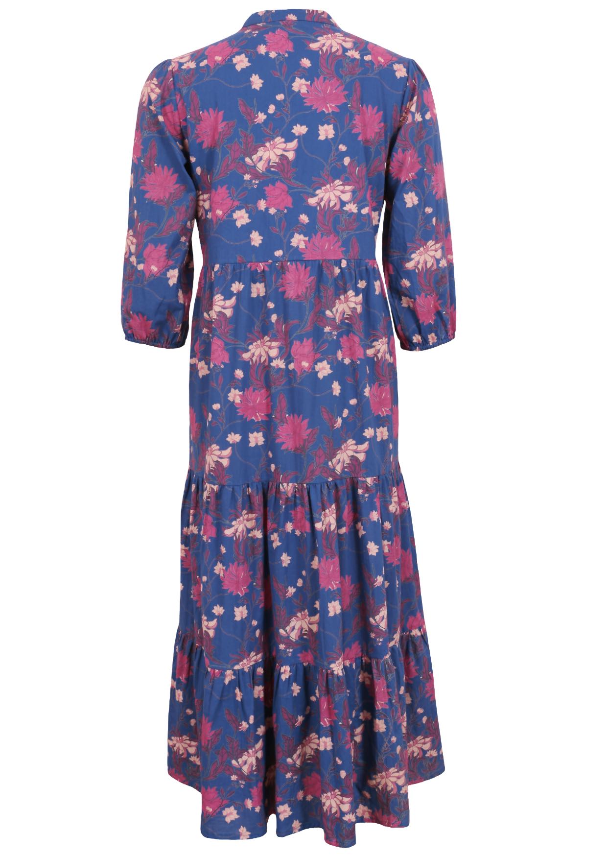 Back view of cotton navy blue tiered maxi dress with 3/4 sleeves, buttoned bodice and hidden side pockets