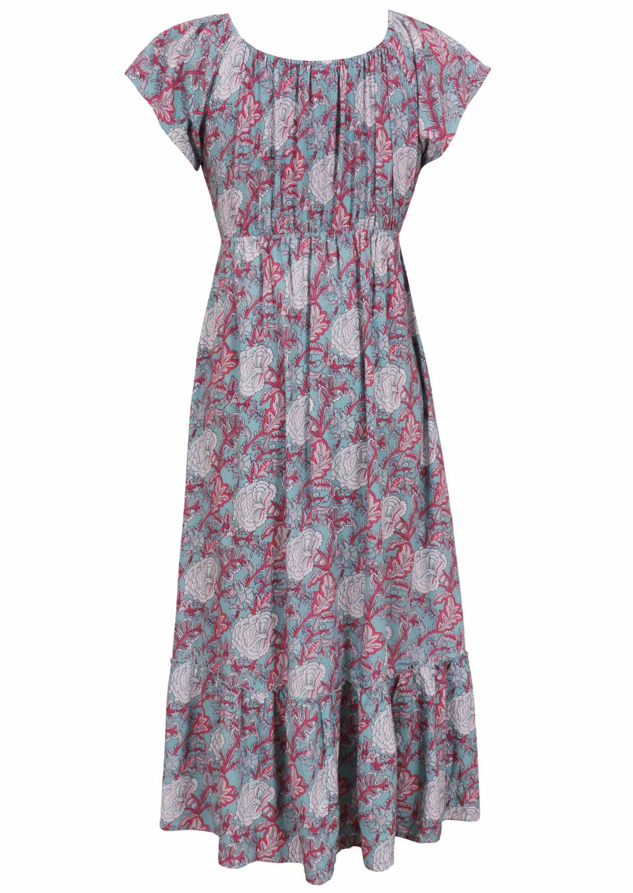 Blue based pink and white floral print rayon dress with adjustable drawstring.