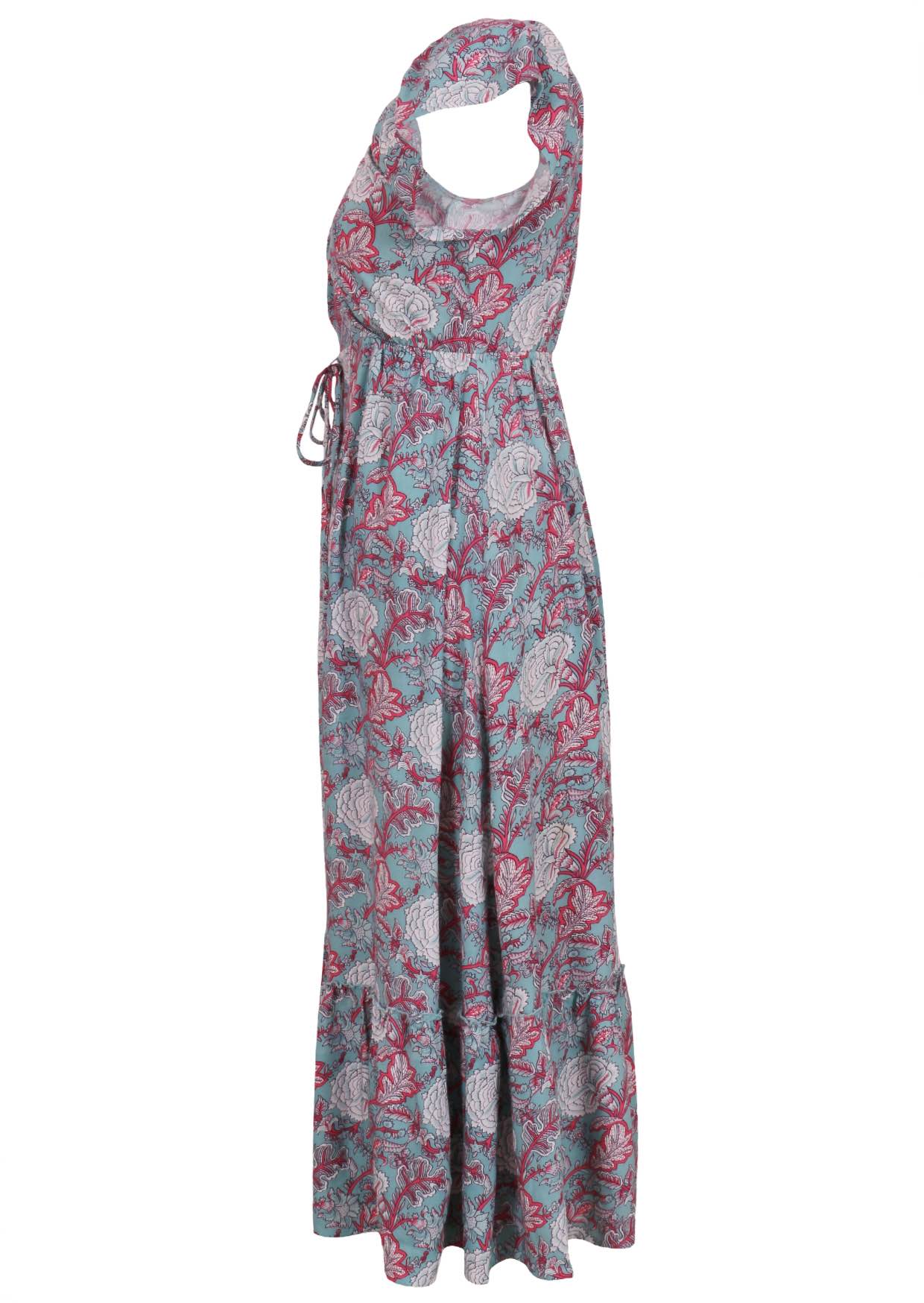 Blue based pink and white floral print rayon short sleeve dress.