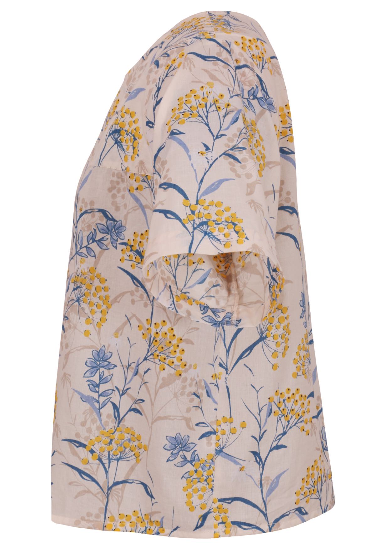 100% cotton short sleeve top in neutral based floral print with round neckline
