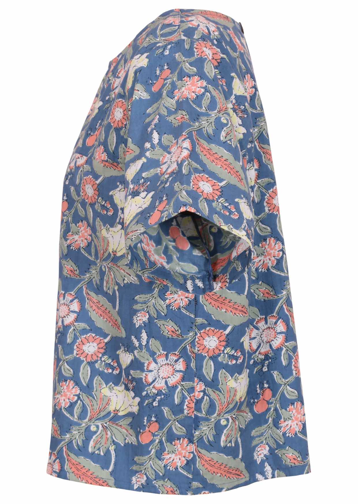 Dusty blue based floral print cotton relaxed fit top with short sleeves