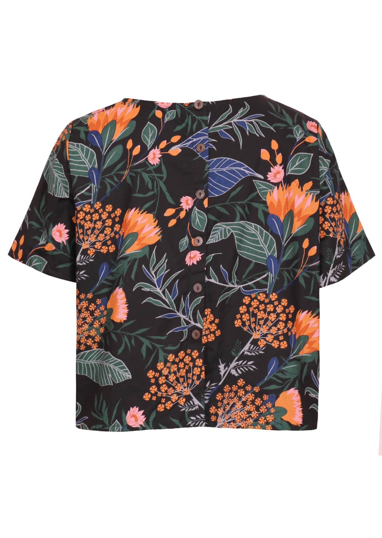 Back view of black boxy style cotton top with short sleeves and decorative buttons at the back