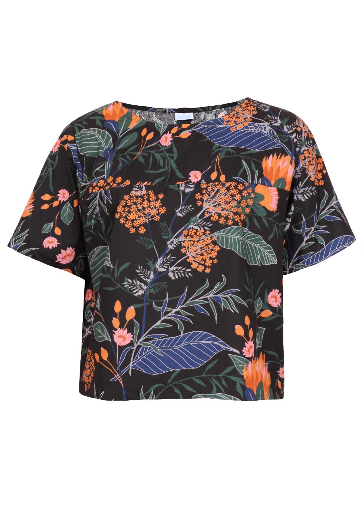 100% cotton boxy style top with high round neckline, short sleeves and seam across the bust in black based botanical protea print