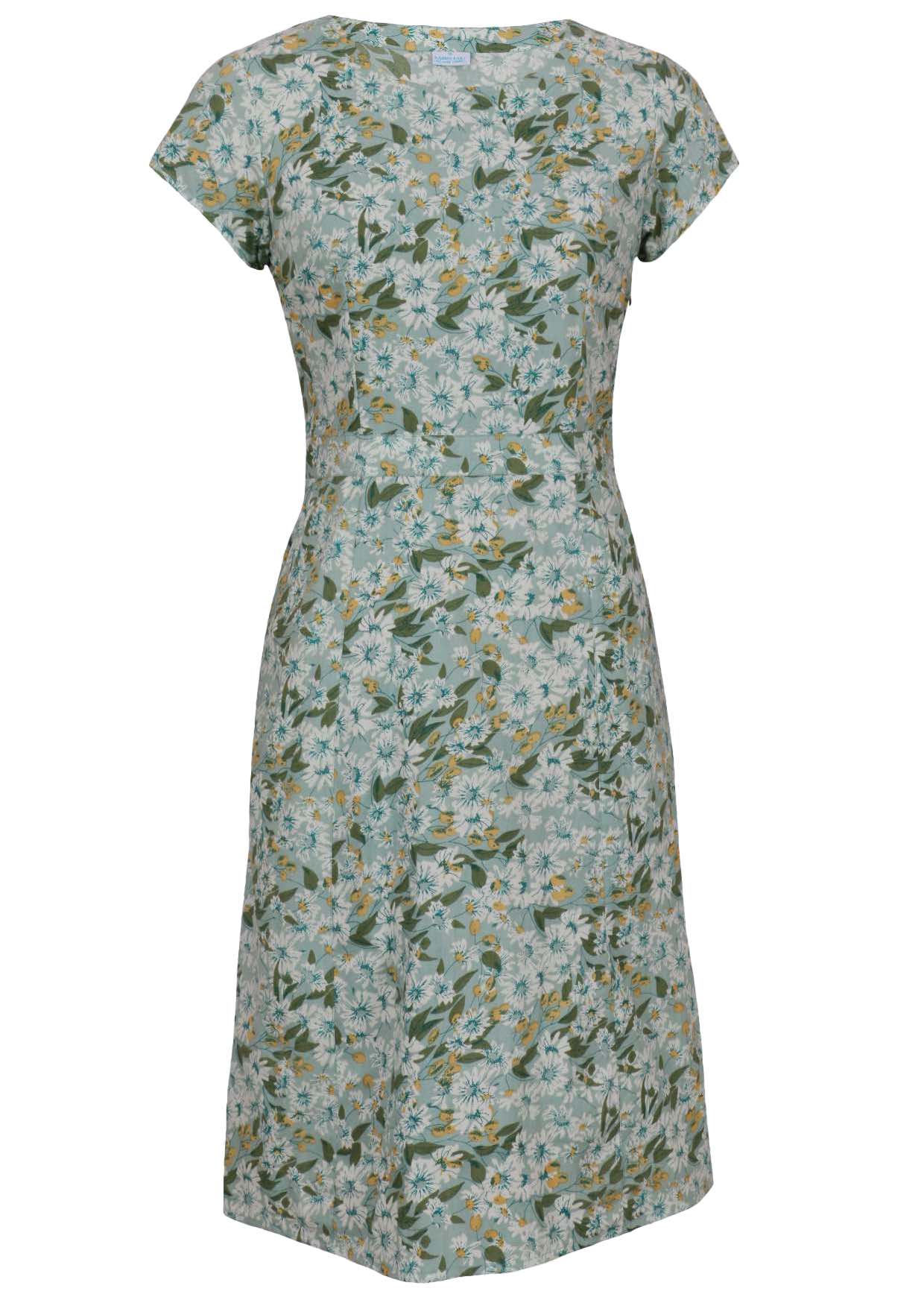Cotton cap sleeved dress in floral print on a sage green background