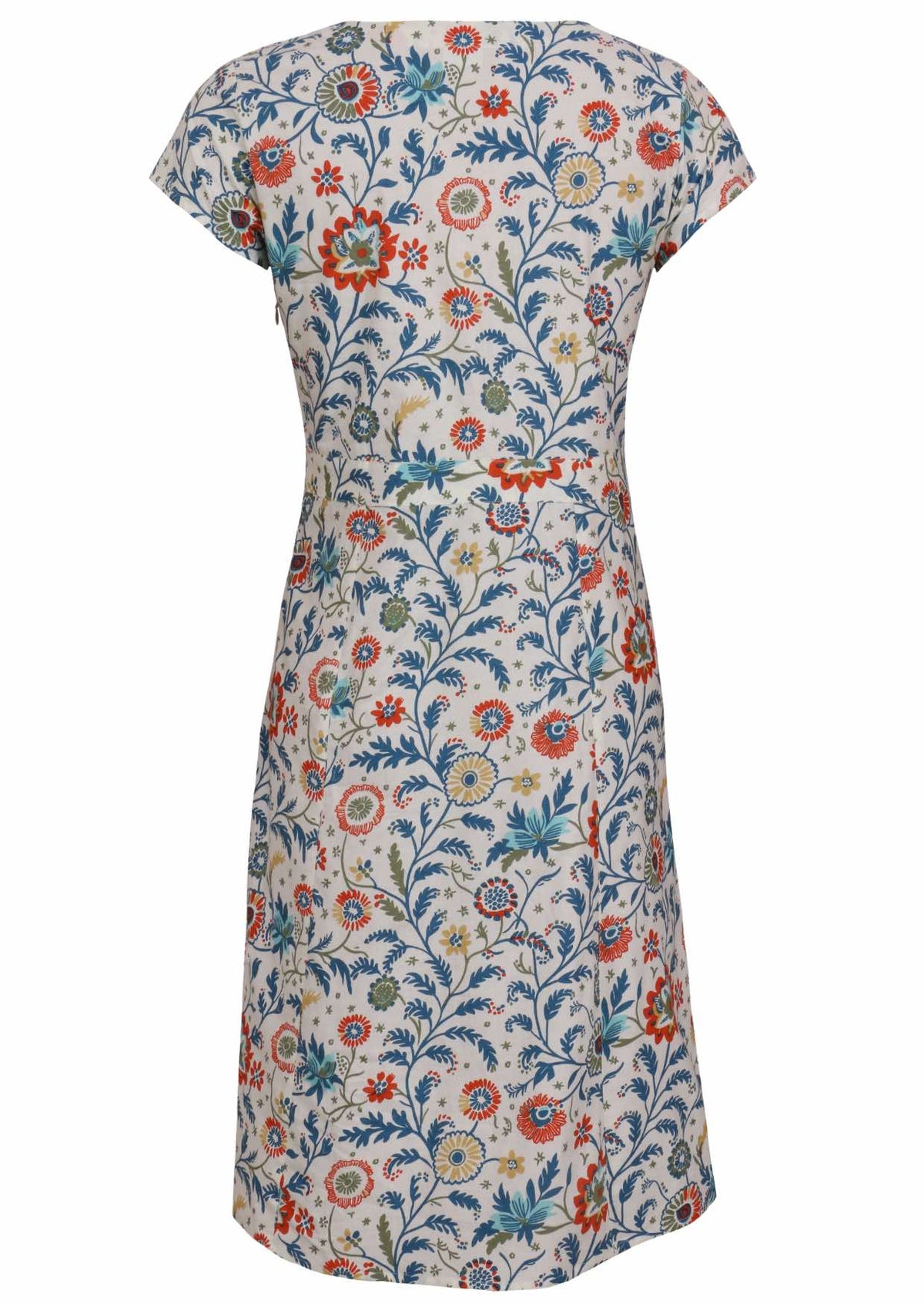 Back view of floral cotton dress with white based floral print.