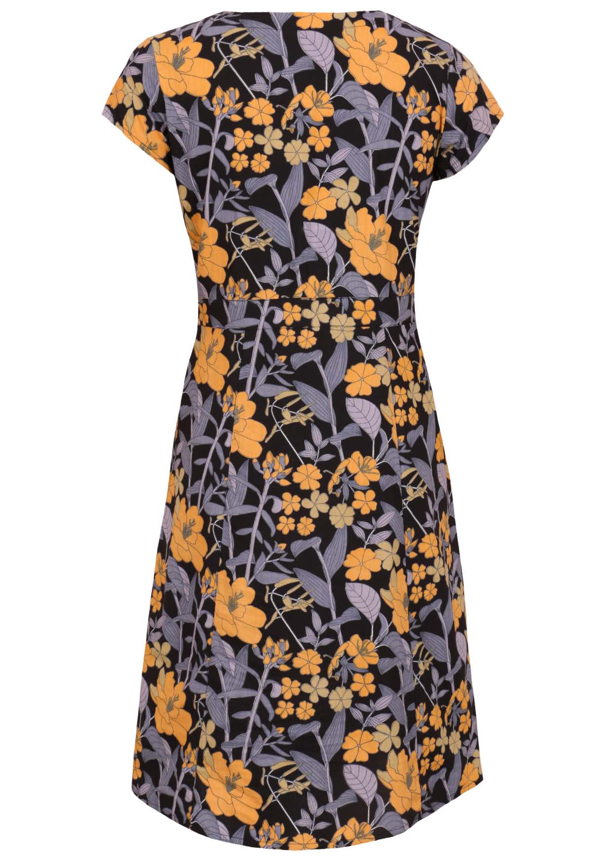 Retro floral cotton dress with yellow and grey flowers on a black background, with A-line skirt