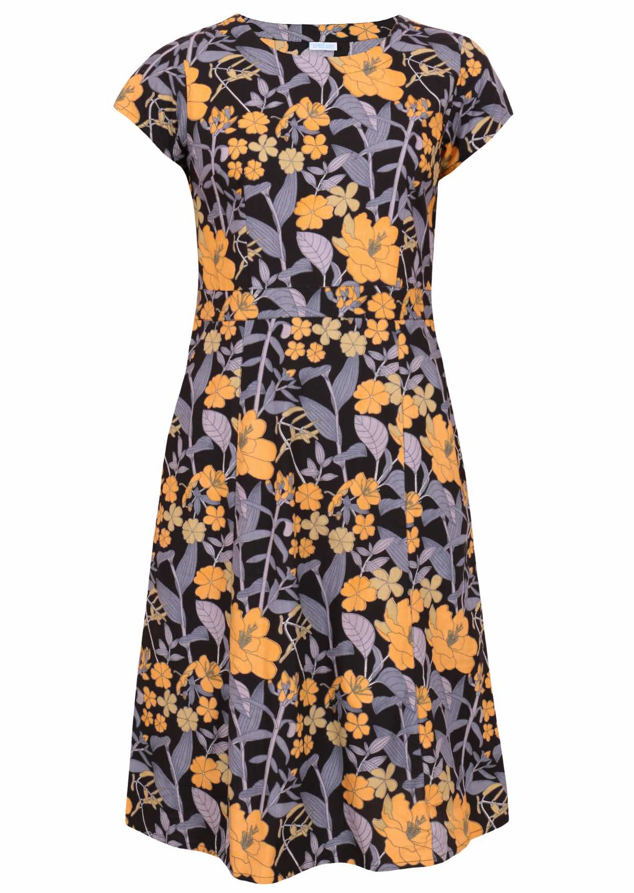 Cotton cap sleeved dress in retro print with yellow and grey flowers on a black background