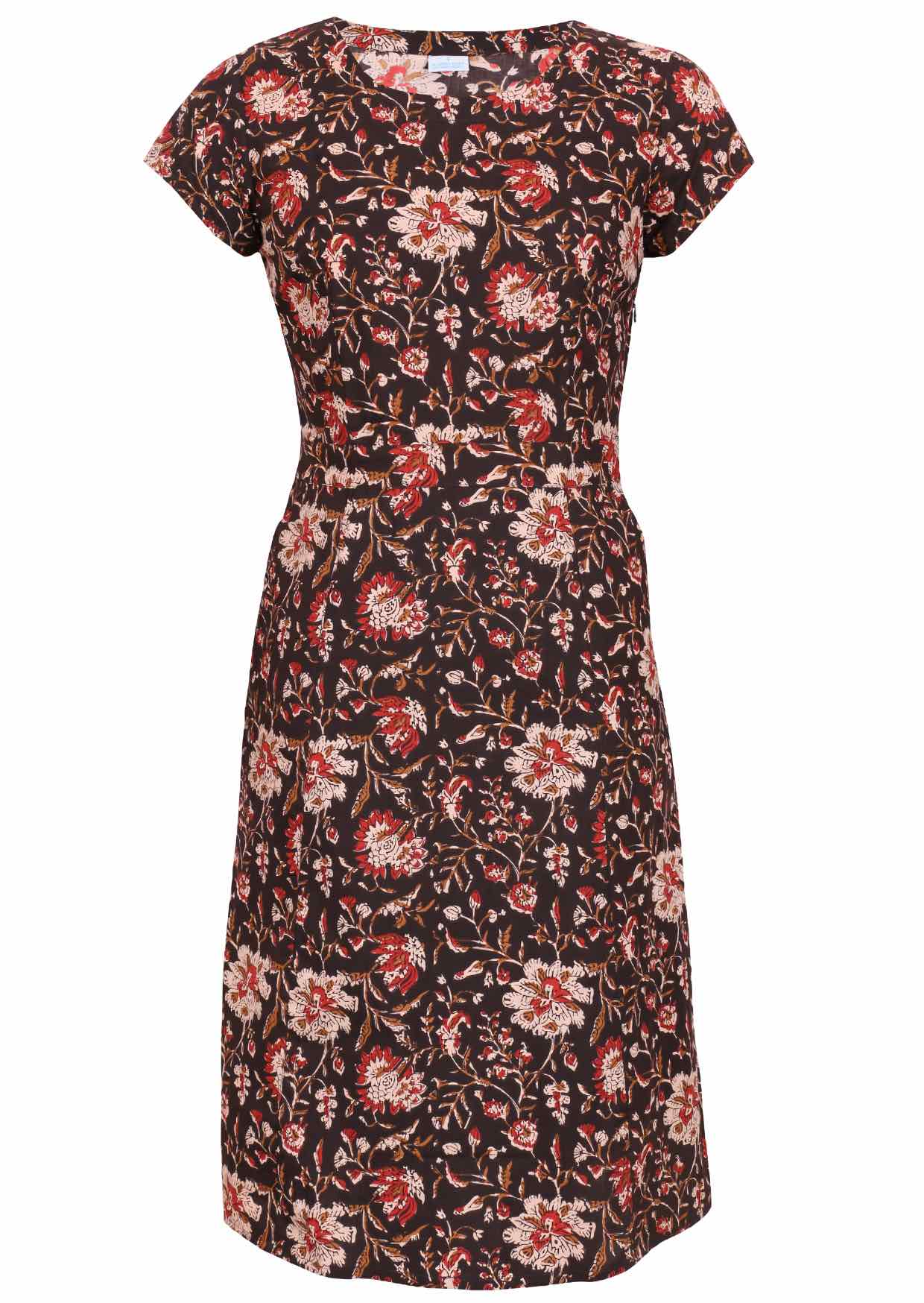 Black based traditional Indian floral print cotton dress with round neckline.