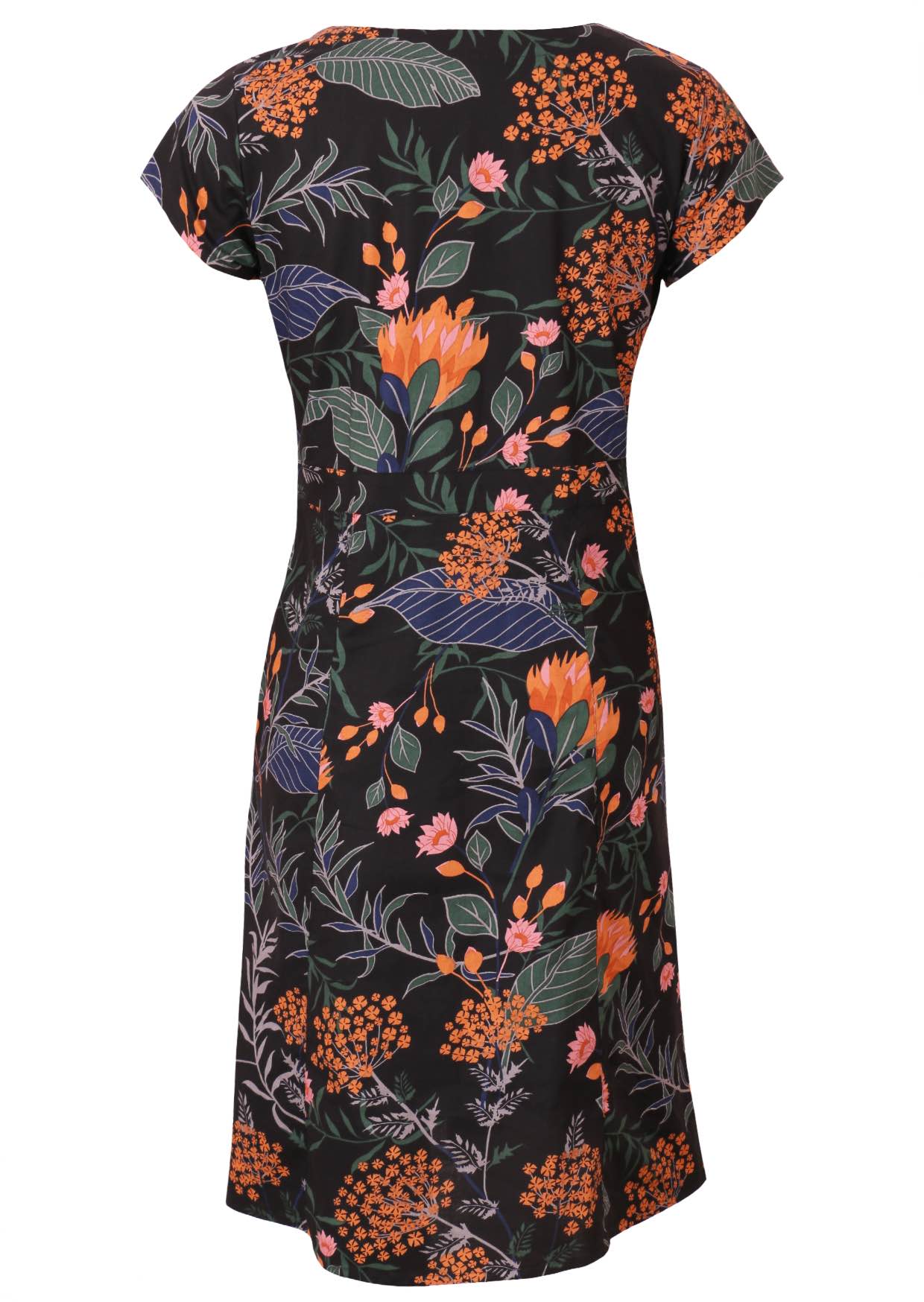 Black based pink and orange floral print cotton dress with cap sleeves, a line skirt and high round neckline