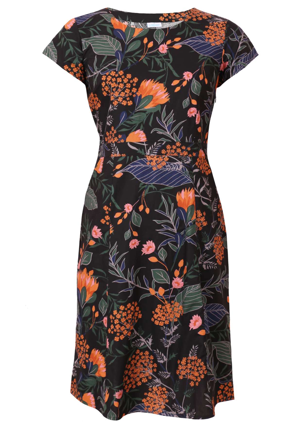 Cotton cap sleeved knee length dress with high round neckline, empire waist and slight a-line skirt in black based bold botanical print