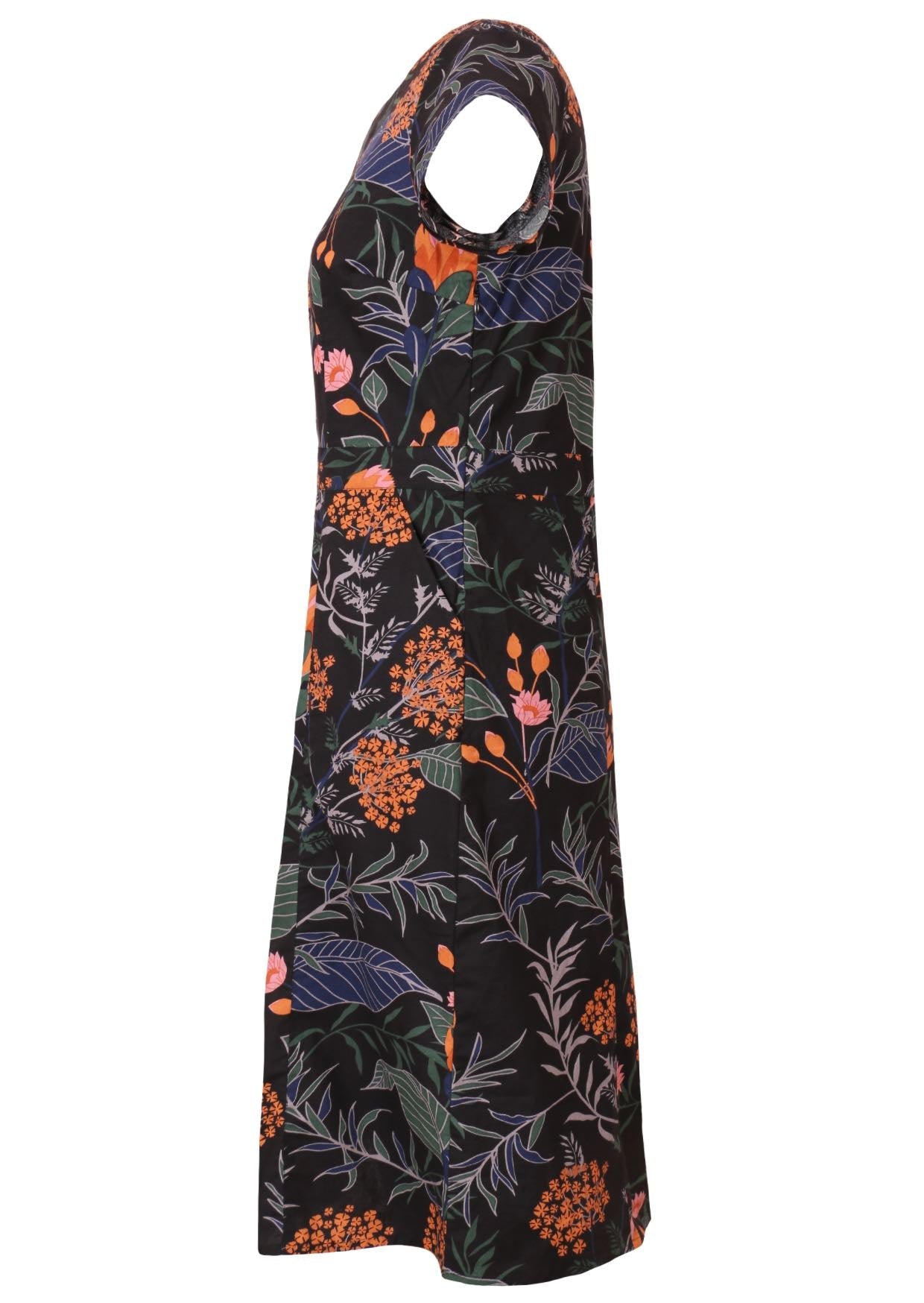 Side view of knee length 100 percent cotton dress with cap sleeves, round neckline and empire waist