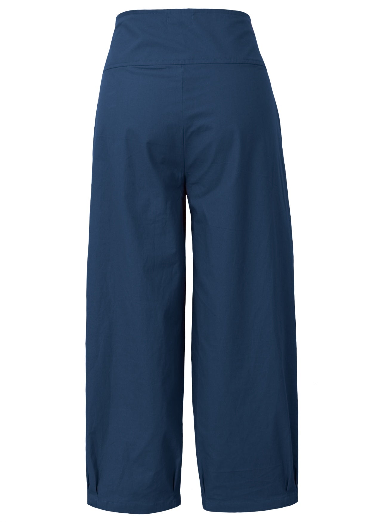 Dark blue wide leg cotton pants with pleated ankles, pockets and side zipper