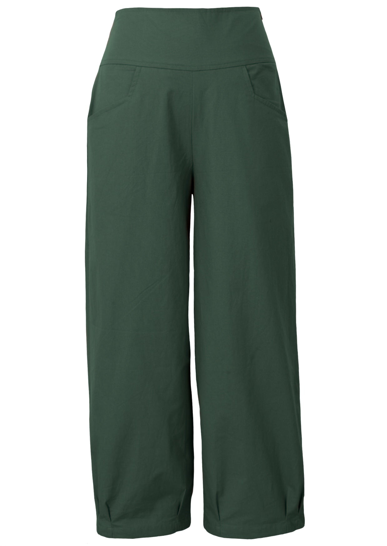 Relaxed fit high waisted wide leg cotton pants in jungle green with pleated ankles and pockets