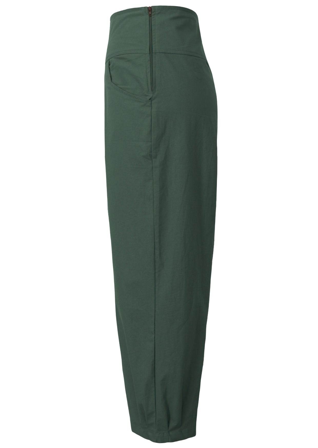 Side view of wide leg tapered cotton pants in plain green with side zipper and pockets