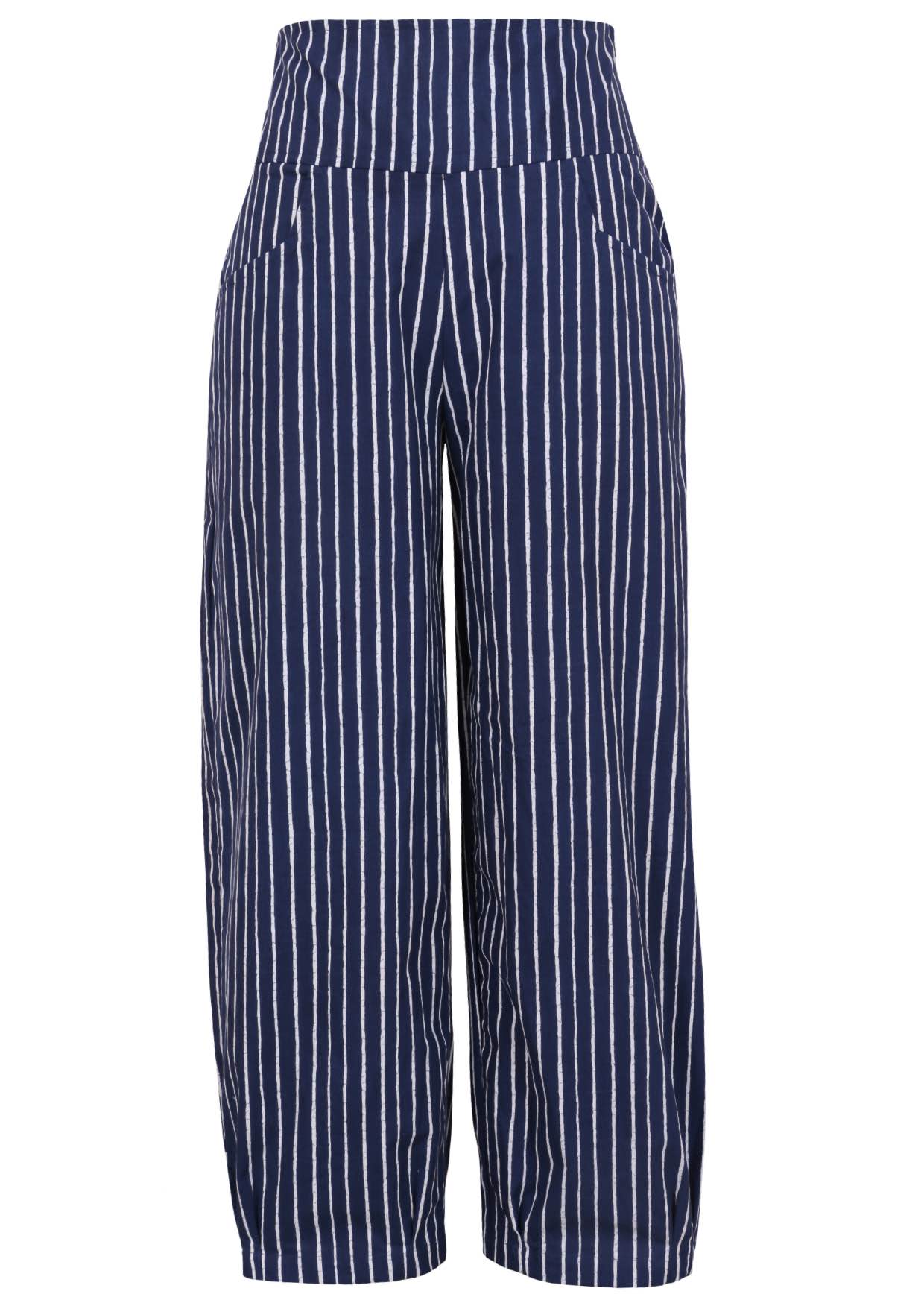 Front view of 100% cotton wide leg cotton pant with navy blue based print