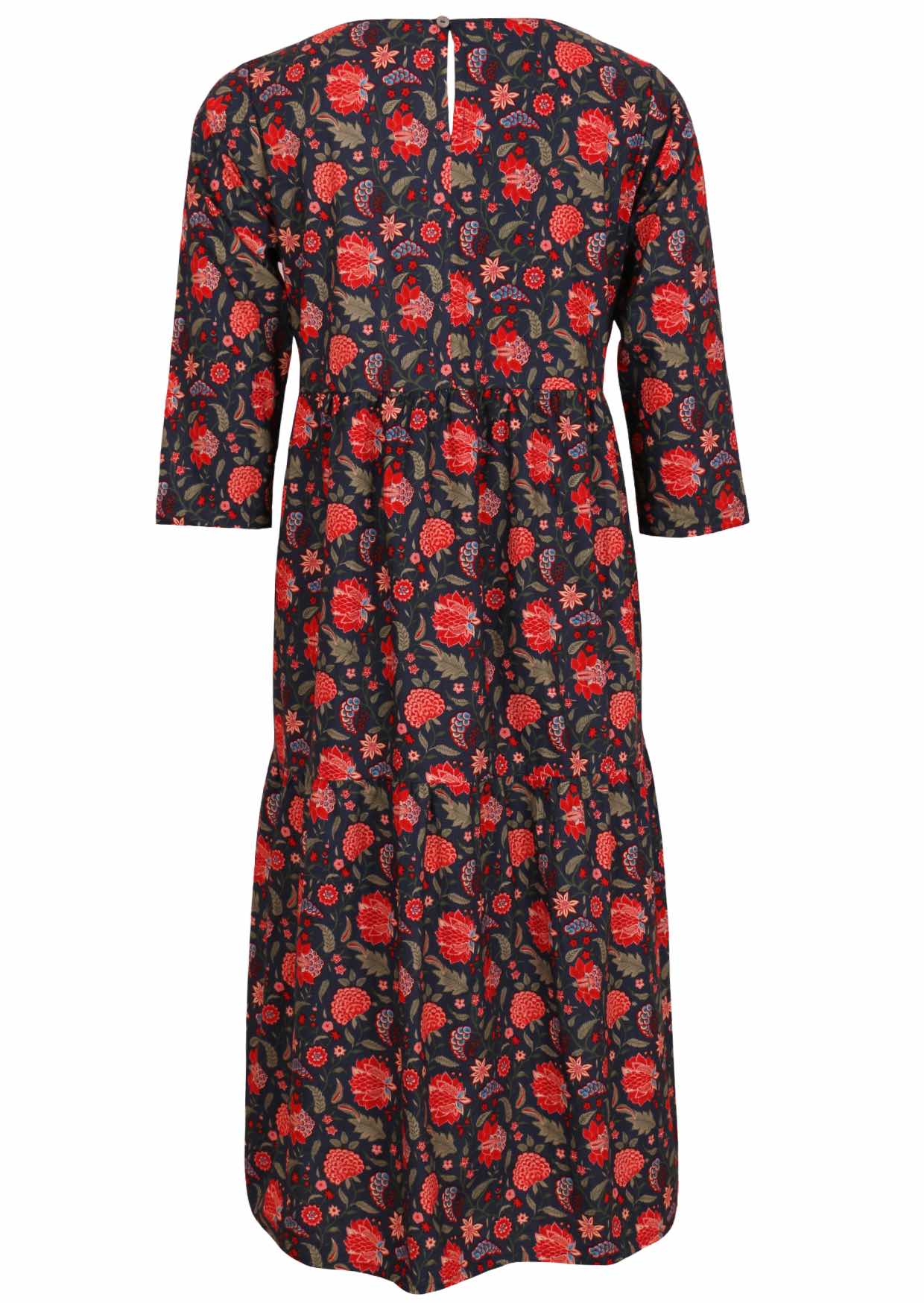 100% cotton maxi dress with 3/4 sleeves, round neckline and pockets and button at nape of neck back view