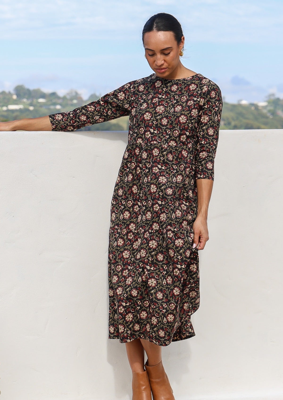 Model is wearing a relaxed fit cotton maxi dress with 3/4 sleeves, pockets and round neckline.
