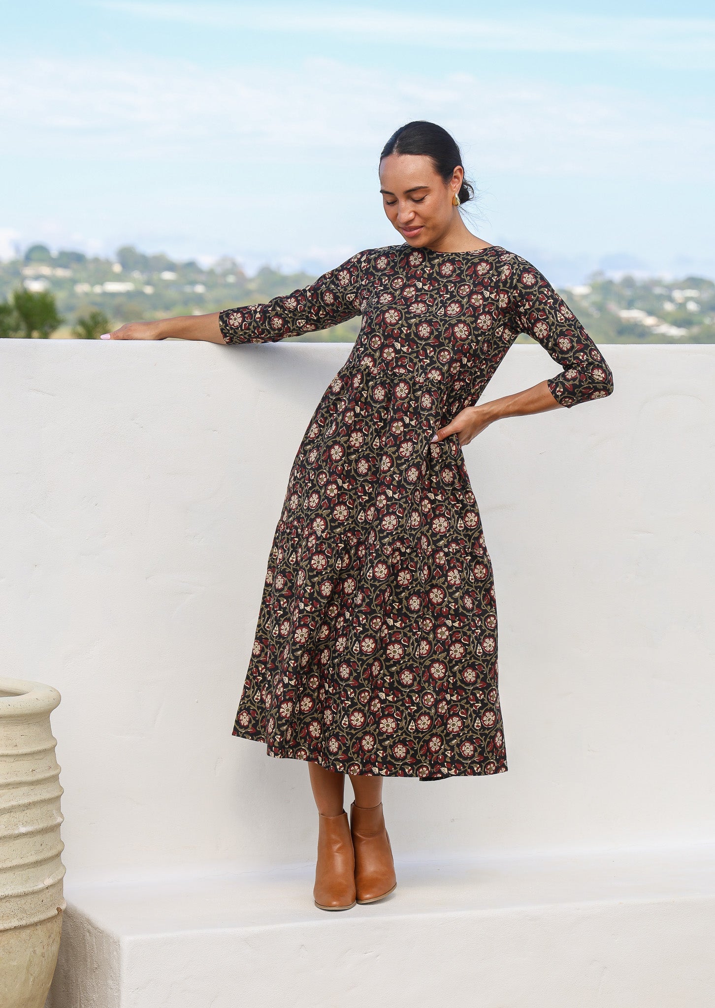 Model standing in floral printed cotton maxi dress with 3/4 sleeves and pockets.