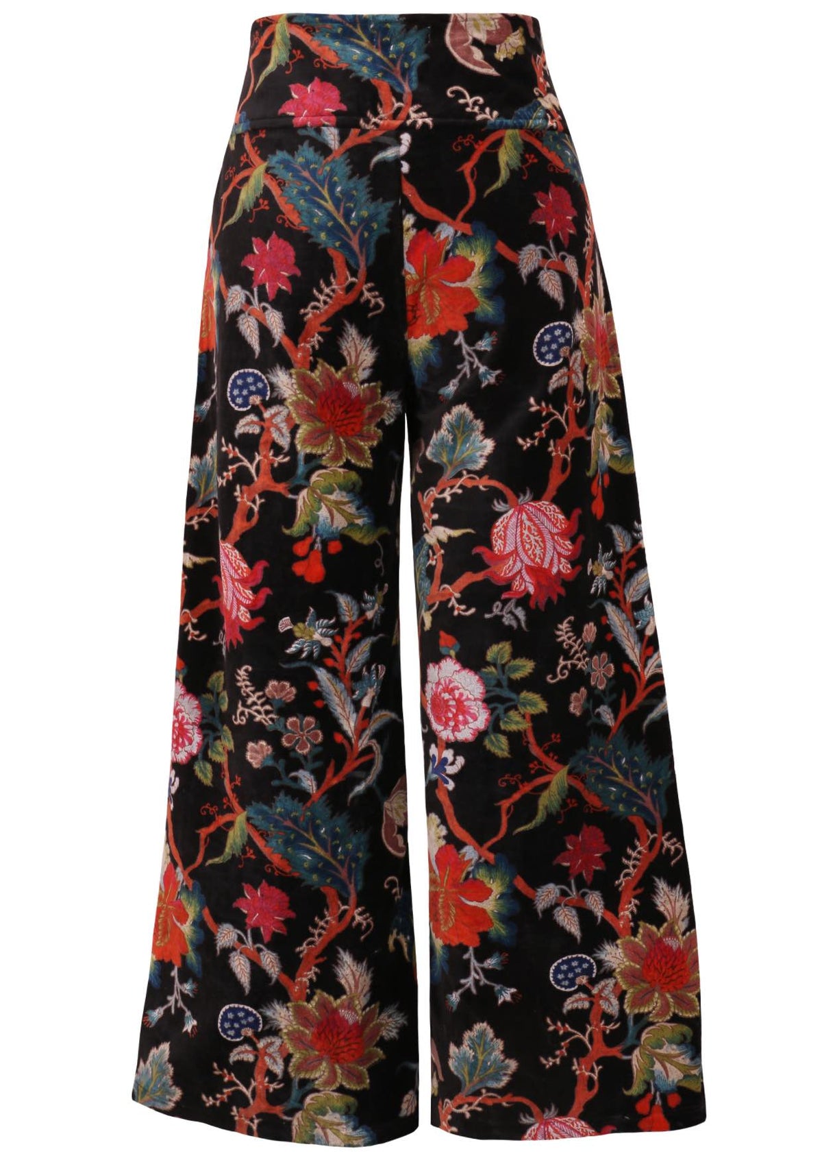 Back view of black based multi-colour floral velvet wide leg full length pants with a wide waistband